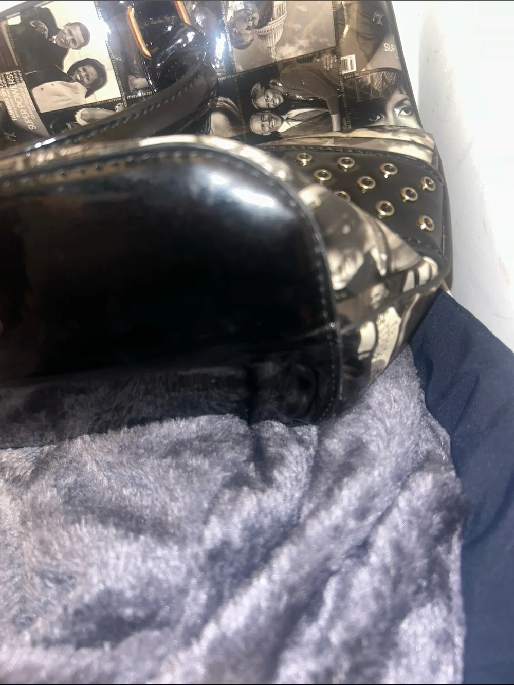 Black Photo-Collage Patent Tote with Gold Hardware